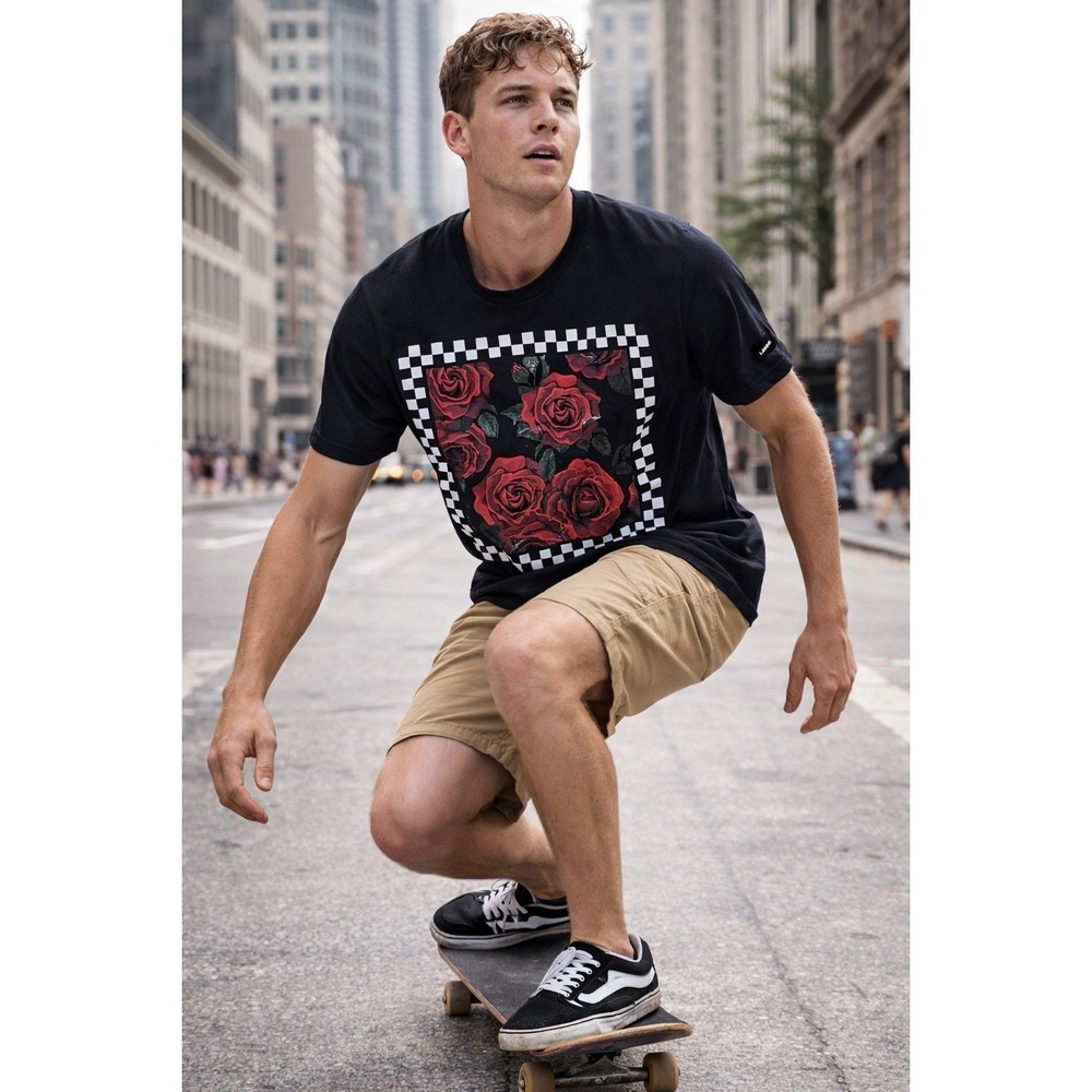 LCM International Mens Black Rose Graphic T-Shirt‎ Checkered Border Medium
